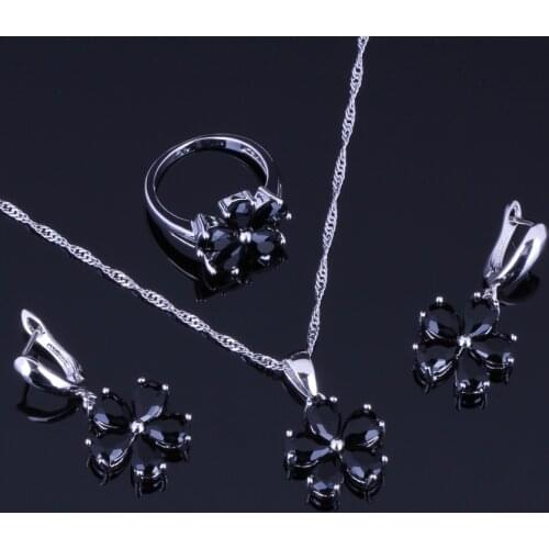 Splendid Flower Black Cubic Zirconia Silver Plated Jewelry Sets Earrings Pendant Chain Ring V0255