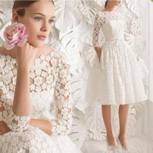 Lace Short Wedding Dress 2021 Elegant A-line Knee Length Beach Bridal Gown Scoop Neck Long Sleeve Simple Formal Vestido De Novia