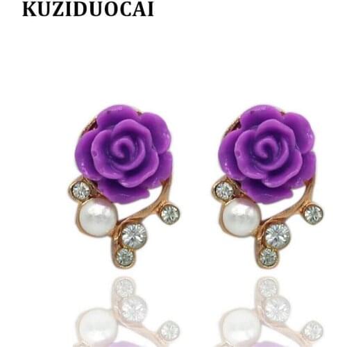 Kuziduocai New Hot ! Fashion Jewelry Rhinestones Pearl Delicate Lifelike Gorgeous Rose Stud Earrings For Women Gifts E-602