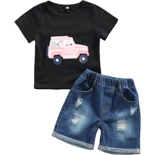2021 0-6Y Summer Kids Baby Boy Clothes Set Car Print Short Sleeve Black T-shirt+Curly Denim Shorts Casual Outfits 2pcs