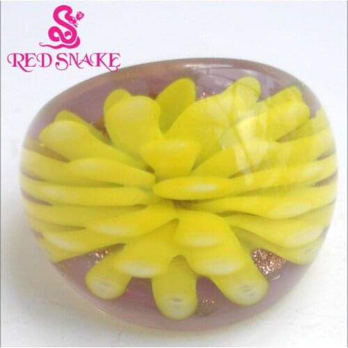 RED SNAKE Fashion Ring Handmade Purple with Lemon yellow flower Drawing Murano Glass Rings