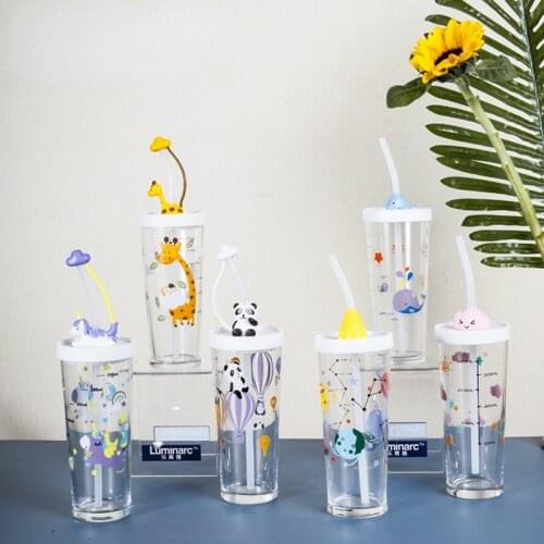 Cartoon Giraffe Sippy Cup High Temperature Resistant Borosilicate Glass with Lid Pipette Graduated Cute Portable Outdoor Bottle