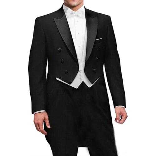Black Double Breasted Men Tail Coat for Wedding Groom Gentleman Dinner Prom Suit 3 Piece Set Custom Jacket White Vest Pants