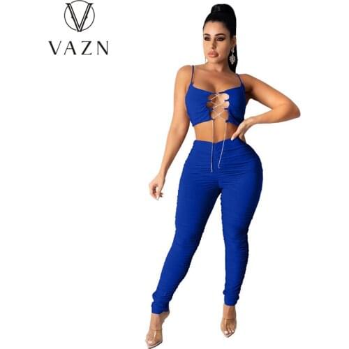 VAZN 2021 New High Waist Sexy Club Open Solid Spaghetti Strap Sleeveless Top Long Pants Young Skinny Women 2 Piece Set