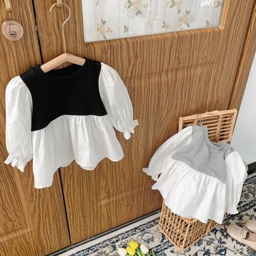 New 2021 Autumn Baby Girls Patchwork Shirts Korean Style Puff Sleeve Casual Kids Tops Toddlers Children Blouses