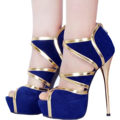 Punk Rock Gladiator High Heel Sandals Women High Heels Pumps Super high heel 16cm Womens Banquet Blue Suede sandals