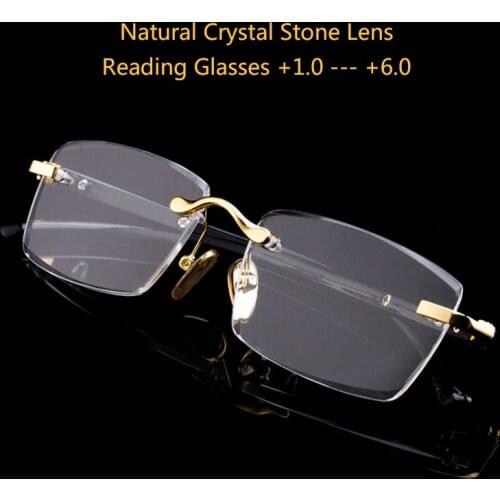 +5.0 +6.0 Man Glass Reading Glasses Woman Natural Crystal Stone Presbyopia TR90 Luxury Rimless Eyeglasses +1.0 +1.5 +3.0 +4.0
