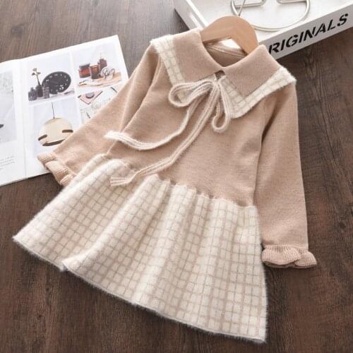 Girl Sweater Knitted Dress Children Christmas Warm Bowtie Clothing Kids Baby Casual Pure Color Patchwork Princess Vestidos
