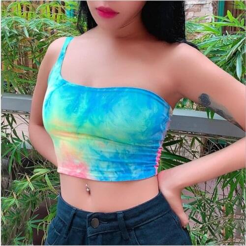 Sexy Top Fashion 2020 Tie Dye Print One Shoulder Tank Tops Summer Female Sleeveless Top