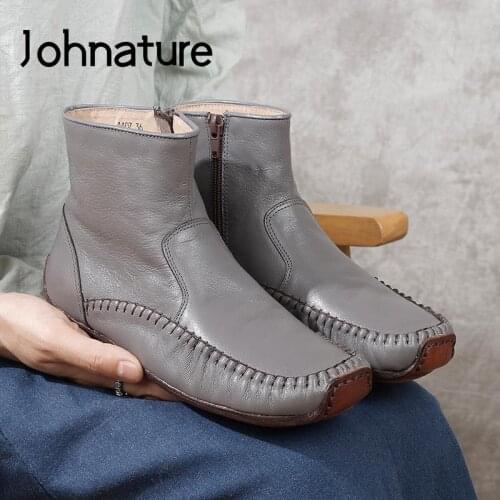 Johnature Genuine Leather Women Shoes Ankle Boots Handmade 2021 New Round Toe Flat With Leisure Zip Mori Style Ladies Boots