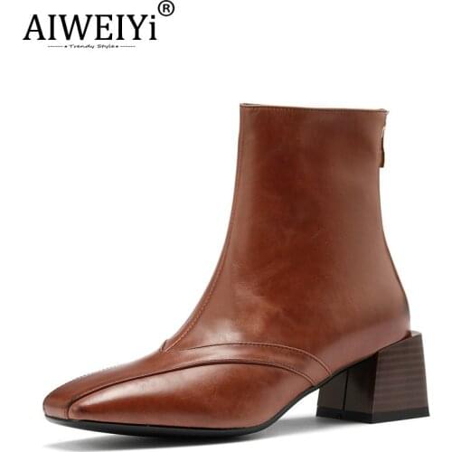 AIWEIYi Woman Martin Boots Block Heel Med Heels Motorcycle Boots Genuine Leather Cowboy Boots