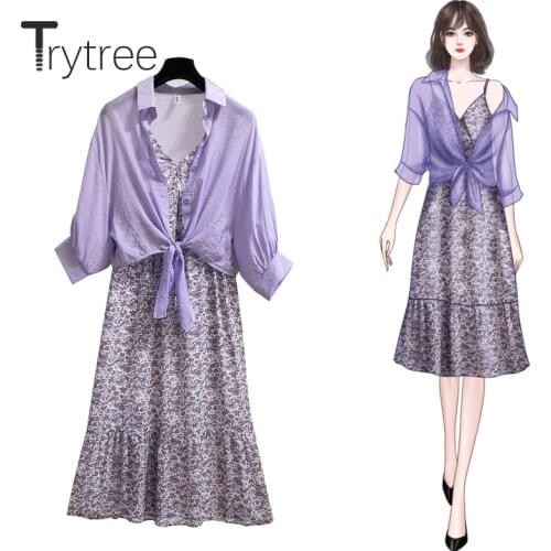 Trytree 2020 Summer Women Two piece sets Casual Turn-down Collar Blouse Loose Tops + Sling Dress A-line Print Set 2 Piece Set