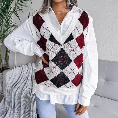 Women Knit Sleeveless Argyle Pattern V-Neck Jumpers Female Warm Top School Sweater Vest