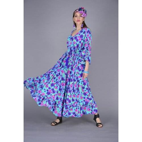 Ruffled Sleeve Tasseled Waist V Neck Spring Floral Pattern Long Boho Dress 2021 New Fashion Women Clothing 3 Different Color Opt