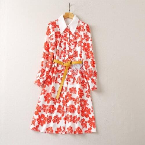 High Quality New Runway Dress 2021 Autumn Women Turn-down Collar Red Floral Print Yellow Belt Deco Long Sleeve Casual Dress