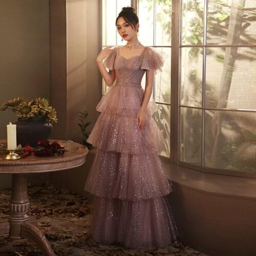 Beauty Emily Luxurious Sequined Lace Strapless Neck Evening Dress Long 2020 Charming Pink Tulle Lace Up Back Formal Party Dress
