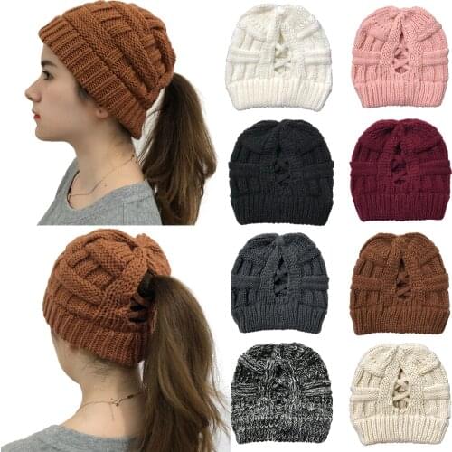 2020 New Cross Criss Ponytail Hat Winter Hats For Women Lady Foldable Horsetail Cap Warm Branded Knitted Thick Outdoor Ski Caps