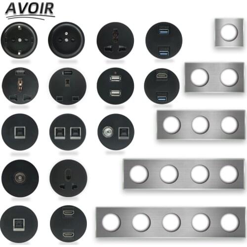 Avoir USB Wall Light Socket Black Module Gray Brushed Panel Frame EU UK Sockets Charger RJ45 HDMI Modules DIY Free Combination