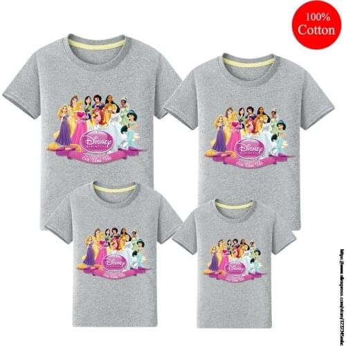 Disney Princess Kids Clothes Girls T-shirt New short white T Shirt Cartoon Boys Casual T Shirt Kids Parent-child outfit