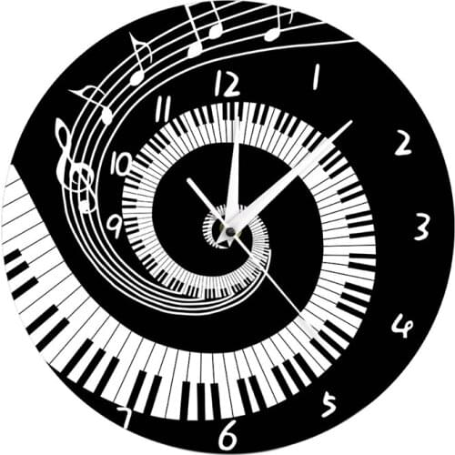 Elegant Piano Key Clock Music Notes Wave Round Modern Wall Clock Without Battery Black + White Acrylic