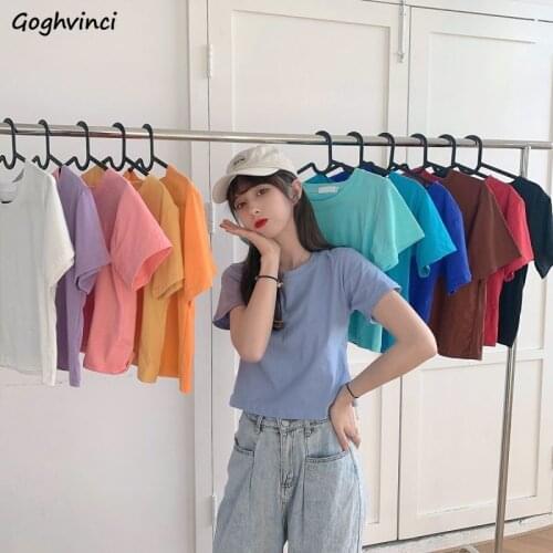 T-shirts Women Summer All-match Solid Simple Short Various Colors Basic Chic Students Female Slim Comfortable Teen Daily Leisure