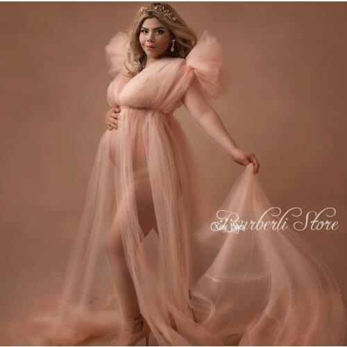 Pretty Khaki Long Tulle Maternity Dresses Photography Sexy See Thru A-line Women Robe Mesh Tulle Female Dress Gowns