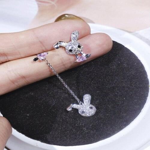 MFY 2021 Asymmetry Long Dangle Drop Earring Korean Cute Sweet Little Rabbit Shape Shiny Crystal Earrings for Ladies Student Girl