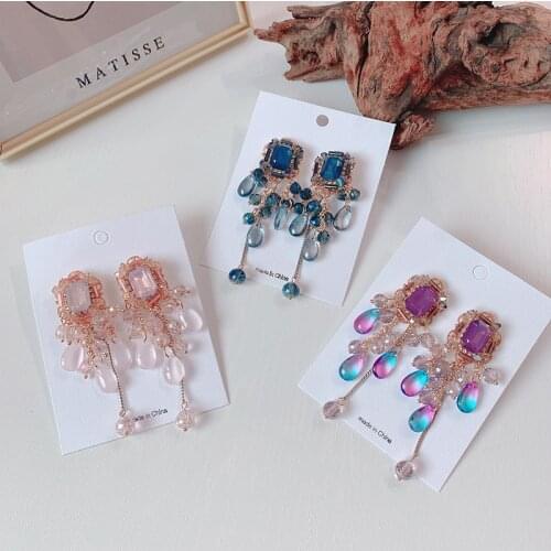 Korean Luxury Square Watetdrop Crystal Tassel Drop Earrings for WomenTemperament Statement Pendientes Jewelry