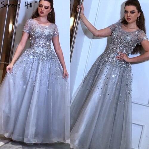 Serene Hill Grey Short Sleeves Sparkling Beading Evening Dress 2021 O-Neck A-Line Lace Up Women Formal Party Wear Gown CLA70464