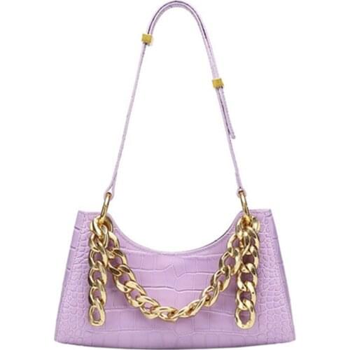 Gold Chain Decor Women Shoulder Bags Genuine Leather Small Handags Fashion Ladies Baguette Bag Violet Bolsos Mujer