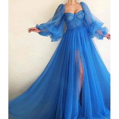 Royal Blue Prom Dresses A-line Sweetheart Long Sleeves Tulle Appliques Slit Dubai Saudi Arabic Long Prom Gown Evening Dresses