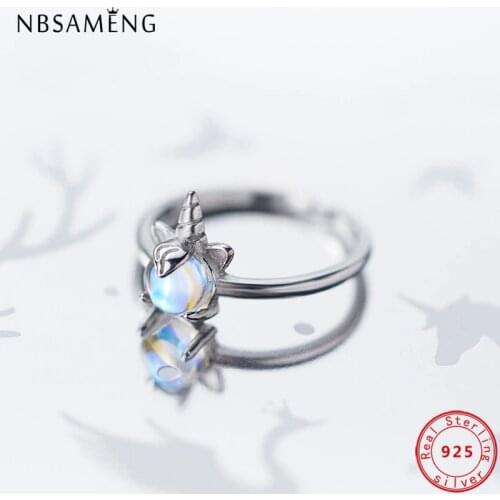 100% 925 Sterling Silver Rings For Women Moonstone Unicorn Rings Opening Adjustable Wedding Rings Christmas Parties Gift Jewelry