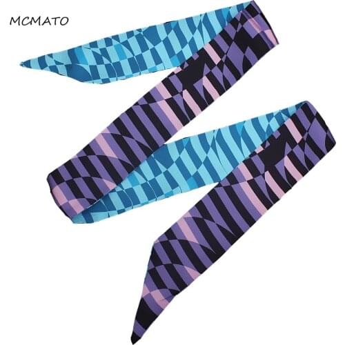 120cm*5cm Twill Silk Small Long Woman Scarf Blue Geometric Cube Printed Fashion Headband Bag Ribbon For Ladie Tie