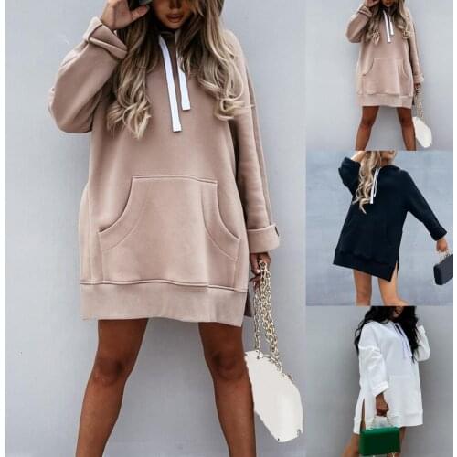 60% Dropshipping!!Fall/winter new womens hoodie solid color drawstring large pockets side slit sports sweatshirt