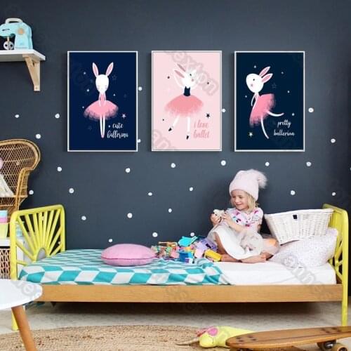 Modern Style Canvas Abstract Cartoon Pretty Rabbits with Pink Dress Poster and Print for Living Room Nursery Gallery Decora