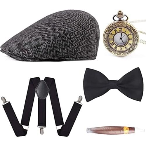 Halloween Accessory 5 Pieces 1920s Mens Gatsby Gangster Costume Accessories Set 30s Manhattan Gangster Beret Y-Back Suspender