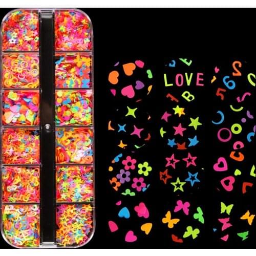 12 Grids Resin Filling Glitter Fluorescence Butterfly Star Love Hearts Letter Shape Sequins For Epoxy Resin Mold Nail Art Flakes