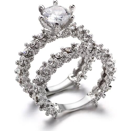 Shining Wedding Ring Set for Women AAA White Cz Stone Female Bridal Engagement 2Pcs Set Finger Rings Luxury Romantic Jewelry