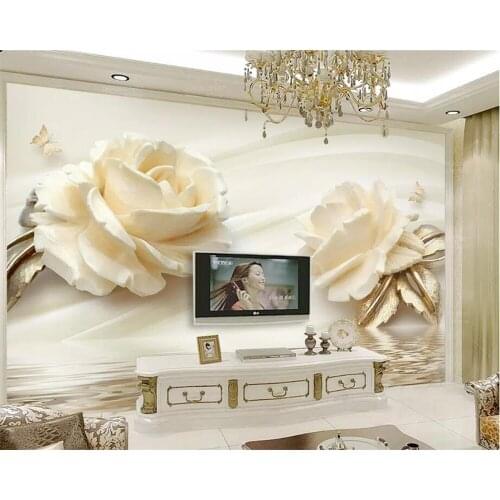 Beibehang Large custom wallpapers 3d stereo champagne roses water wave reflection bedroom TV backdrop papel de parede