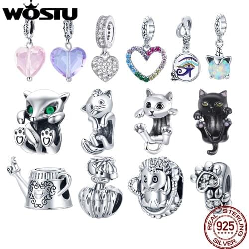 WOSTU Authentic 925 Sterling Silver Blue Pink Heart Beads Charms Pendant Fit Bracelets Women Party DIY Fine Jewelry Gift Making