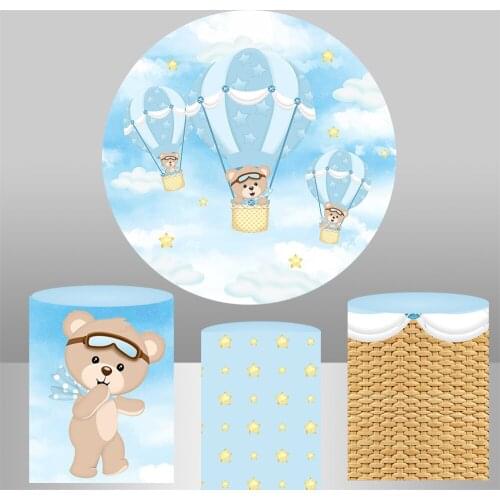 Baby Bear Blue Sky Circle Background Animal Baby Shower Birthday Party Decor Candy Table Banner Elastic Vinly Fabric YY-964