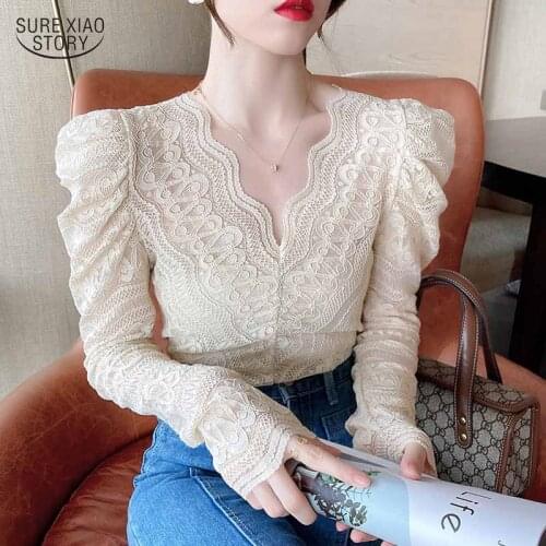 Elegant Fashion Womens Long Sleeve Top Autumn V-neck Crochet Flower Lace Bottoming Shirt Vintage Sexy Lace Blouse Women 16503