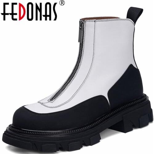 FEDONAS Round Toe New Front Zipper Women Ankle Boots Autumn Winter Outdoor Casual Genuine Leather Thick Heels Shoes Woman 2021