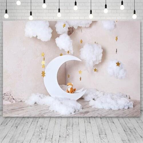 Avezano Backdrop Birthday Baby Shower Clouds Stars Moon Wood Floor Photography Background Photo Studio Photozone Photocall Decor