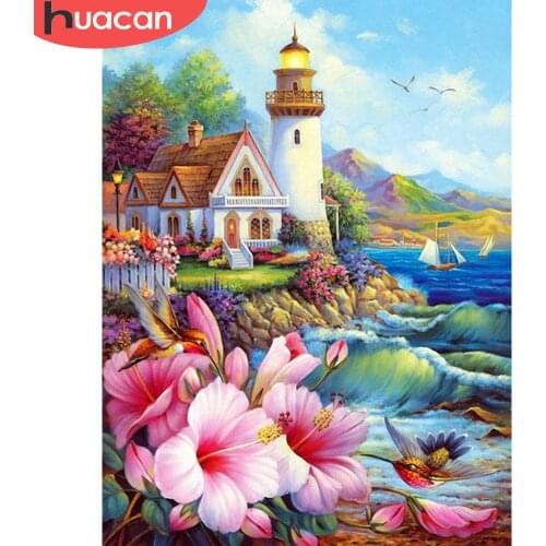 HUACAN Diamond Painting New Landscape Flower Rhinestones 5D DIY Diamond Embroidery Sale Lighthouse House Mosaic Home Decor