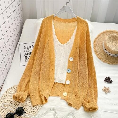 Thin Knitted Loose Solid Women Sweater Cardigan Loose V-Neck Button Sweet Style Office Lady Outwear Coats Tops