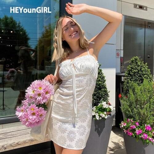 Summer Girls Floral Pattern Chest Lace Ruched Decoration Tie Up Sleeveless Suspender Skirt Ladies Sexy Short Slip Dress S M L