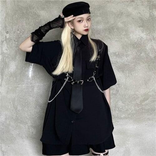 Summer Turn Down Collar Short Sleeve Single Breast Blouse Fashion Pocket Design Black Streetwear Women Blouse+Necktie New