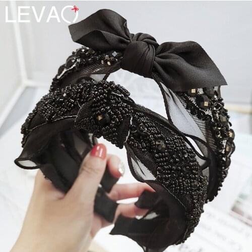 LEVAO Retro Black Bow Bead Hairbands for Women Rhinestone Crystal Beads Headbands Mesh Fabric Knotted Wide Hairband Hair Hoop