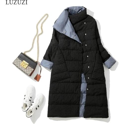 LUZUZI New 2021 Women Double Sided Long Down Jacket Winter Turtleneck White Duck Down Coat Double Breasted Warm Parkas Outwear